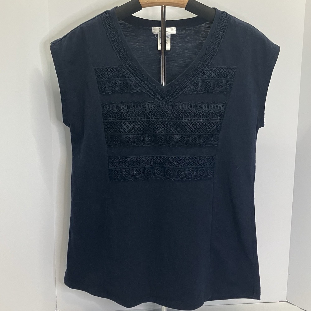 Isela Womens Navy Blue Lace Cap Sleeve V Neck Top Shirt Size‎ S